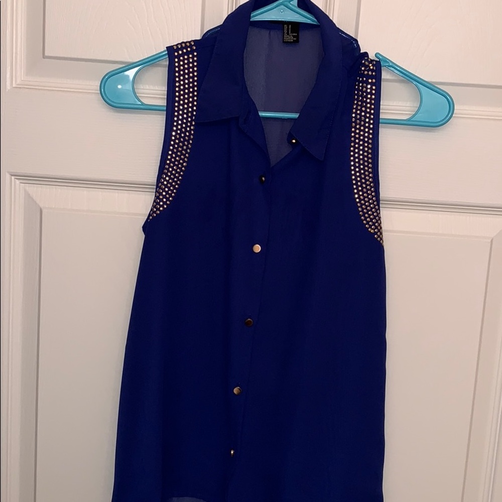 Blue sheer top with gold rhinestones